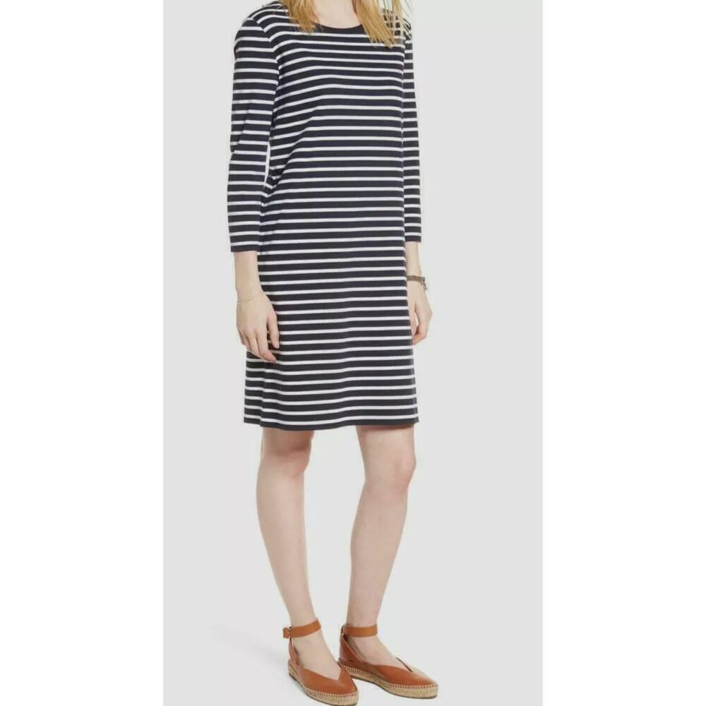 1901 Bow Back Striped T Shirt Dress‎ Sz M Navy Blue White Knit Long Sleeve Shift